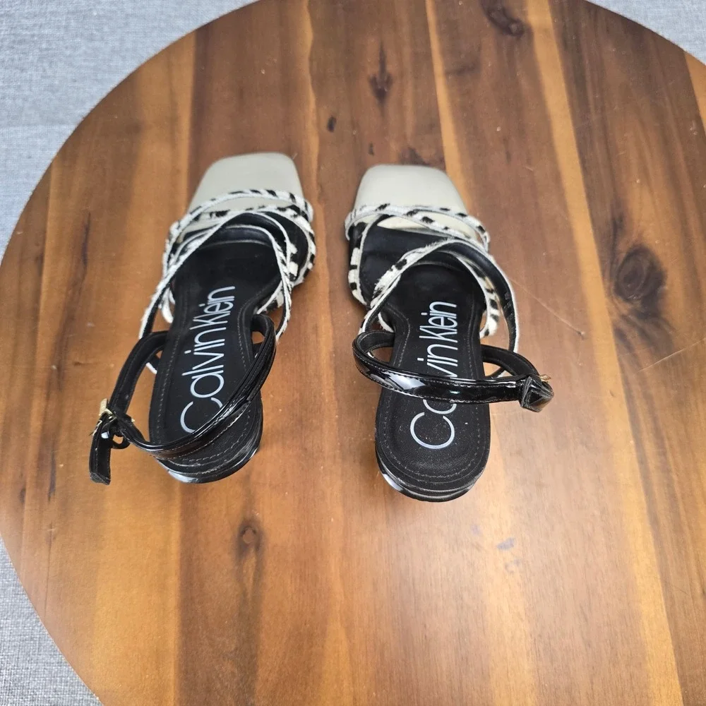 Calvin Klein Zebra Print Strappy Sandals Gold Square Toe Stiletto Heels 34E00014